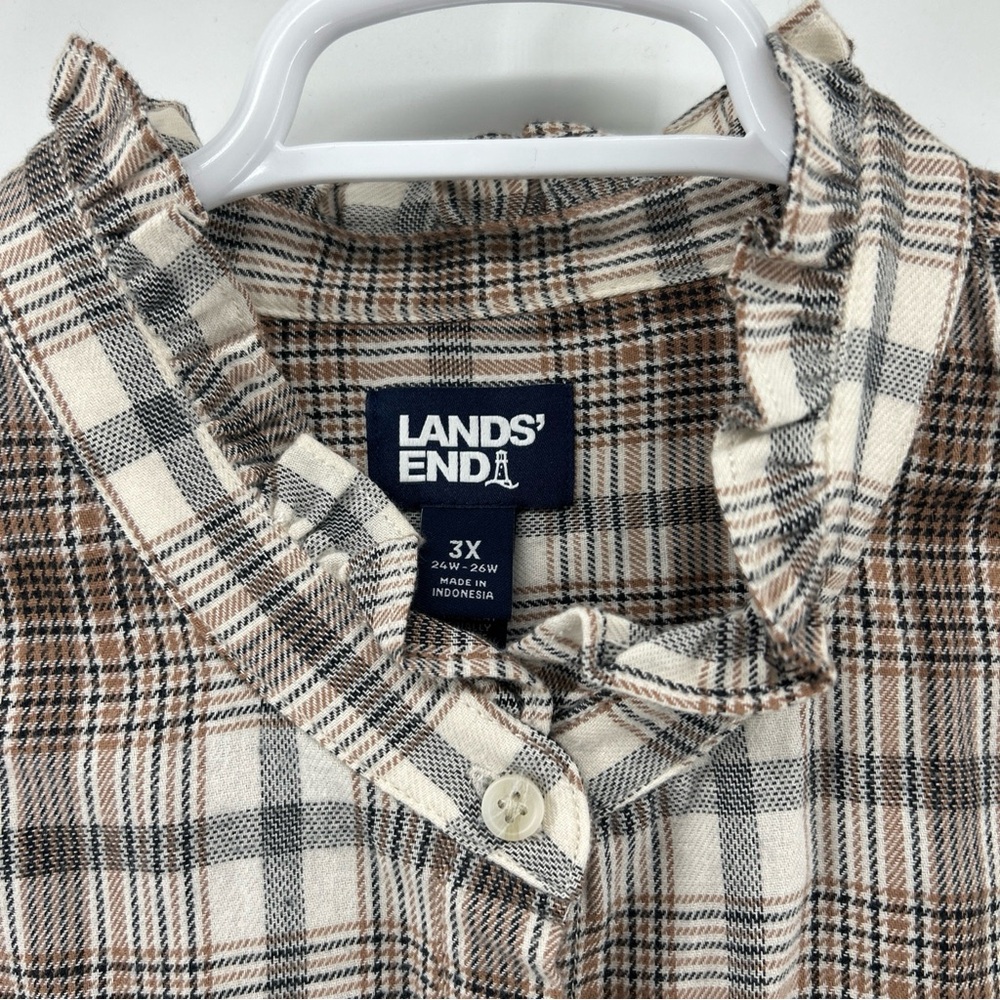 Lands End Blouse Shirt Top Women’s 3X Plus Beige Plaid Flannel Cotton Button Up - Picture 2 of 13